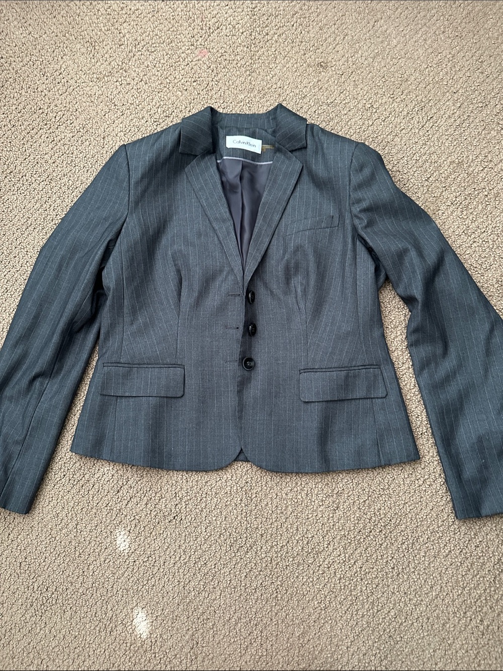 Calvin Klein Women's Dark Gray Pinstripe Fitted Blazer